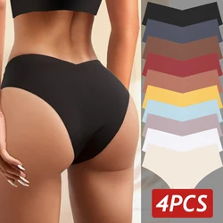 4PC Women Seamless Briefs Sexy V-Waist Underwear 10 Solid Colors Ice Silk No Trace Panties Female Breathable Intimates Lingerie