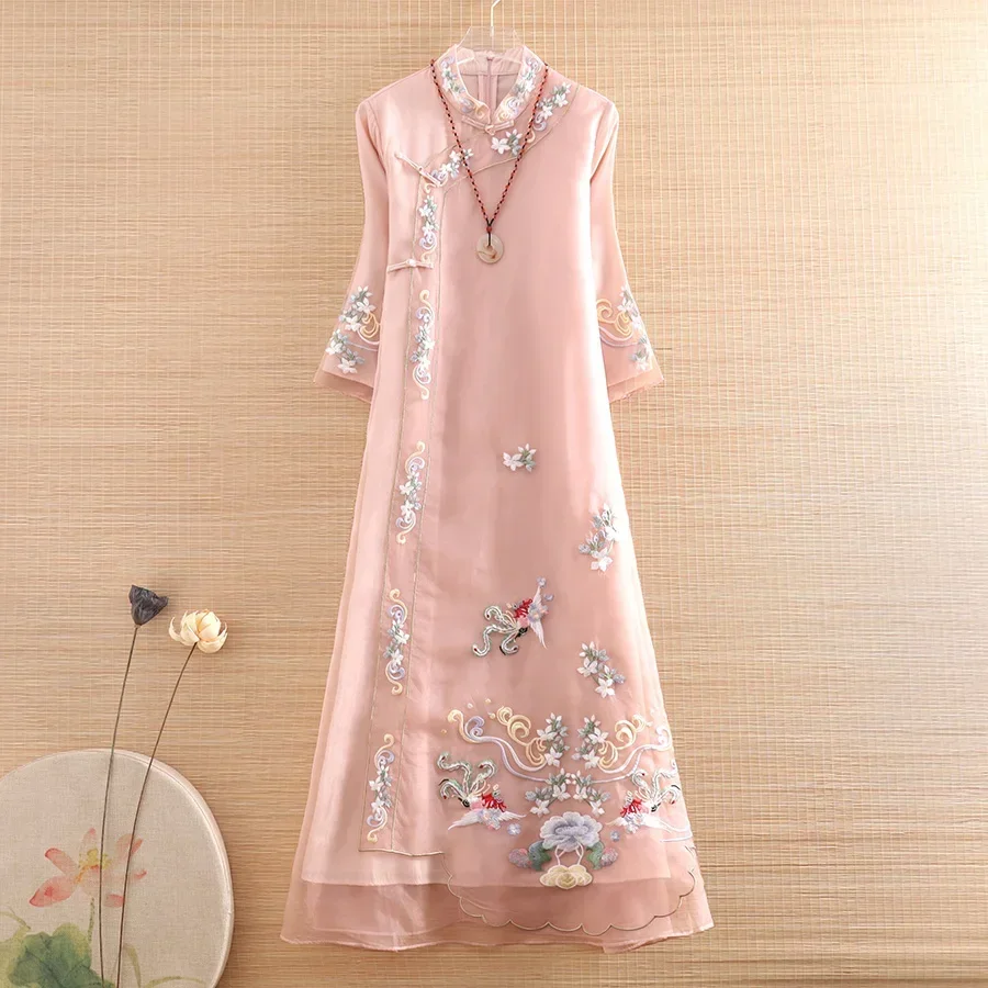 

High-end Spring Summer Organza Women Cheongsam Dress Retro Elegant Embroidery 3/4 Sleeve A-line Lady Party Qiapao Dress S-XXL