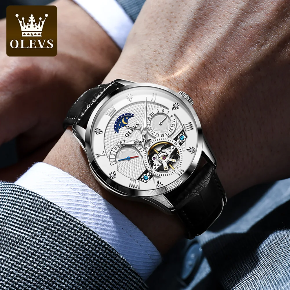 OLEVS 6652 Men Original Flywheel Fully Automatic Mechanical Watch Leather Waterproof Double Calendar Moon Phase Men Watch Reloj
