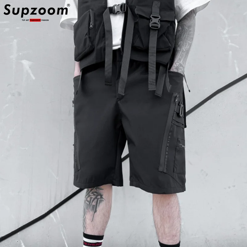 Supzoom New Arrival Top Fashion Summer Loose Casual Belt Design High Street Trendy grid Stitching Pocket Personalized Shorts Men