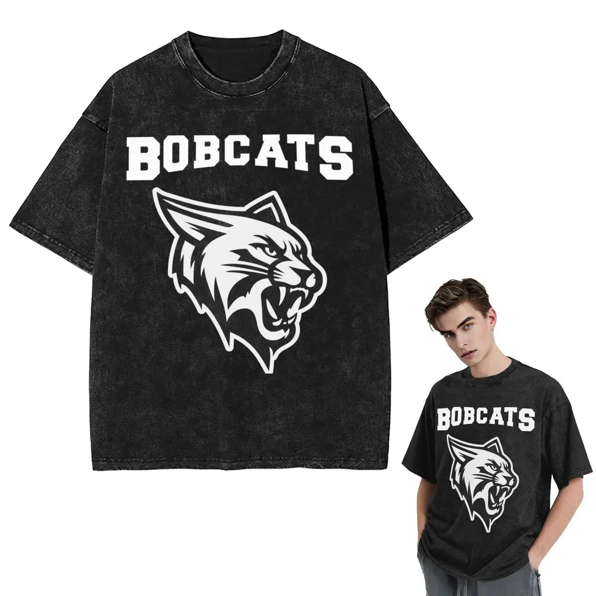 

Streetwear T-Shirts Bobcat Logo Washed T Shirt Short Sleeve Hip Hop T-Shirt Tops Tees for Men Women