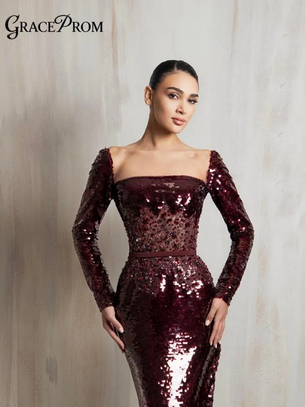 

Glamorous Burgundy Party Dress 2026 Luxury Off Shoulder Mermaid Prom Gown Sparkle Sequin Sheer Mesh Formal Dress فساتين سهرة