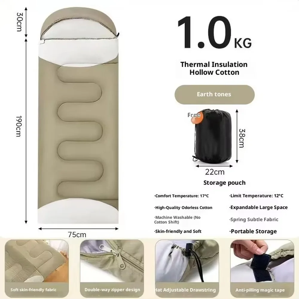 HONGJINFUN Outdoor Camping Sleeping Bag Spring Autumn Warm Thickened Portable Envelope Polyester Hollow for Disaster