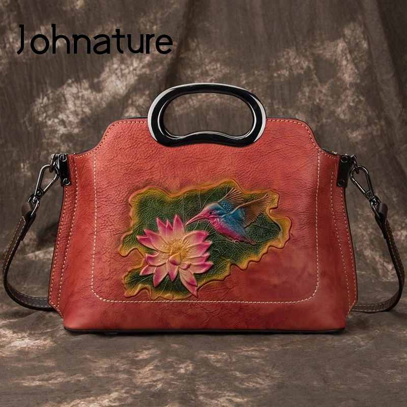 

Johnature 2024 New First Layer Cow Leather Women Bag Handmade Embossed Handbag Large Capacity Female Shoulder Messenger Bags