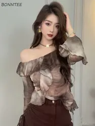 Blouses Women Ruffles Elegant Chic Summer Thin Flare Sleeve Aesthetic Vintage Tie Dye Cropped Sweet Slash Neck Ins Fashion Tops