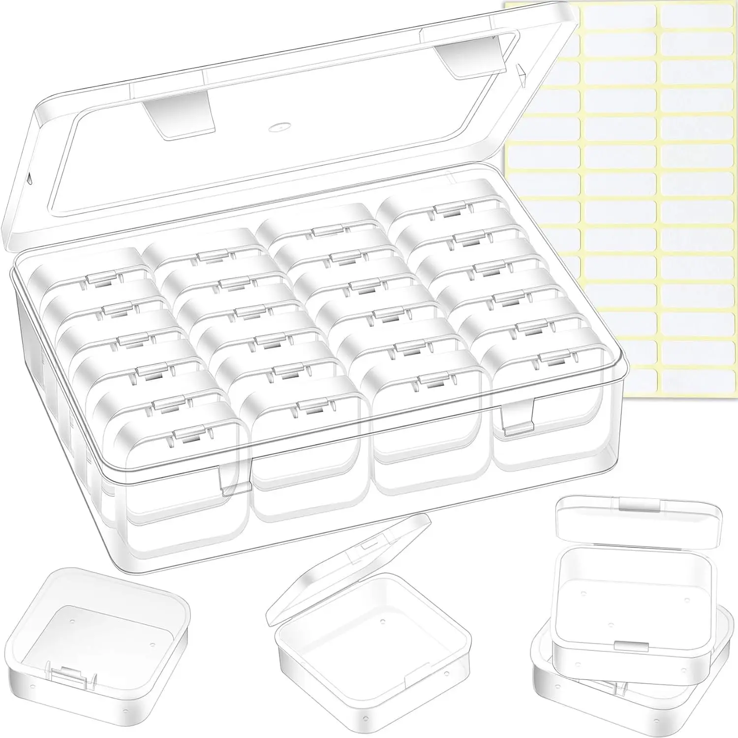 Bead Organizer Box, 28Pcs Small Clear Plastic Storage Containers, 1 Large Craft Organizer Box, 1 Sheet Label, Mini Parts Storage