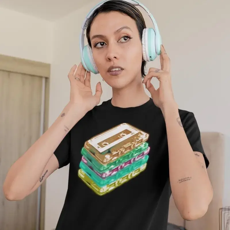 Damen-T-Shirt mit leuchtenden Kassetten-Mix-Tapes, 80er-Jahre, Hip-Hop, Disco, Tanz, C90-Musik