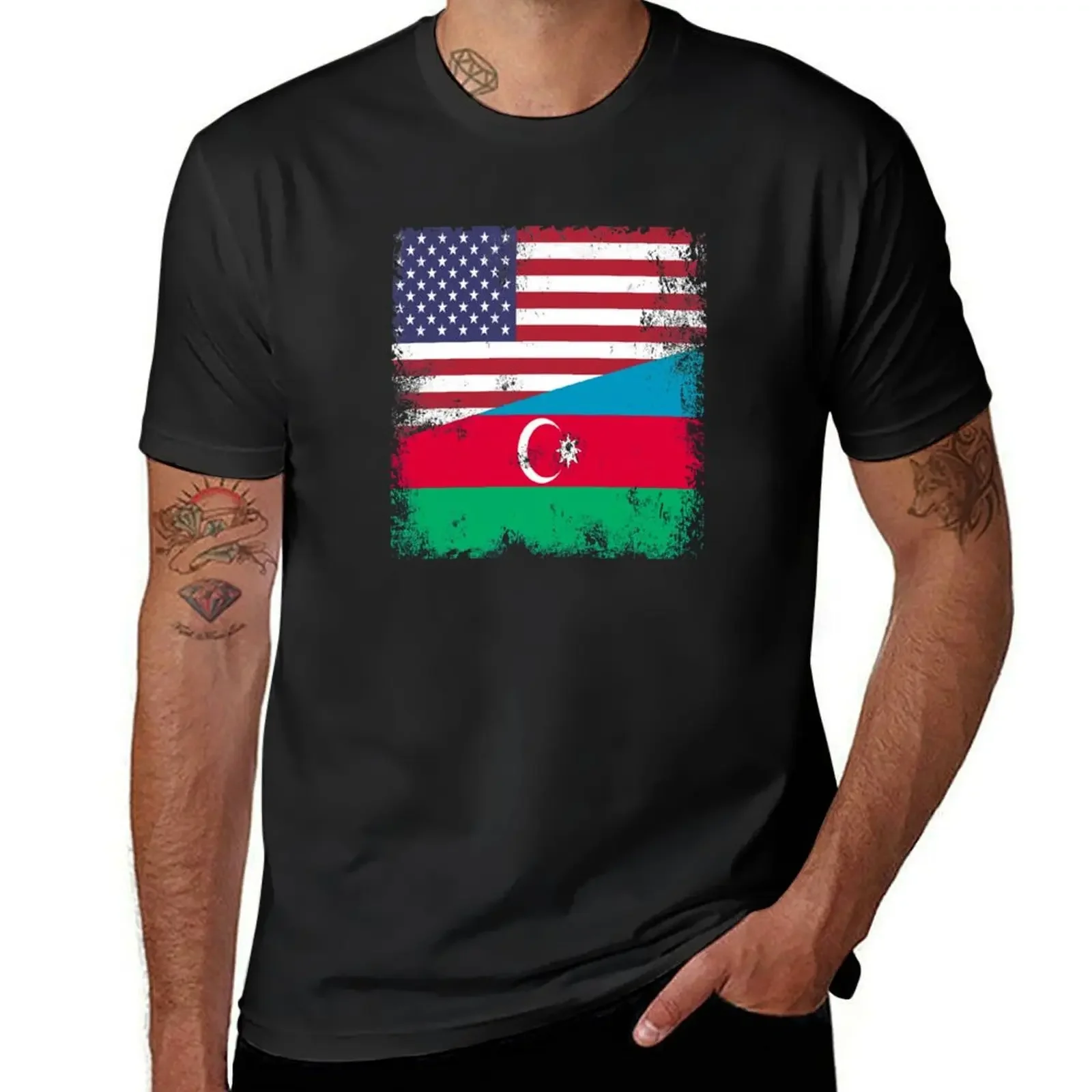 Half Azerbaijani Flag Design | Vintage Azerbaijan USA Gift T-Shirt new edition graphic t shirts oversized t shirts for men