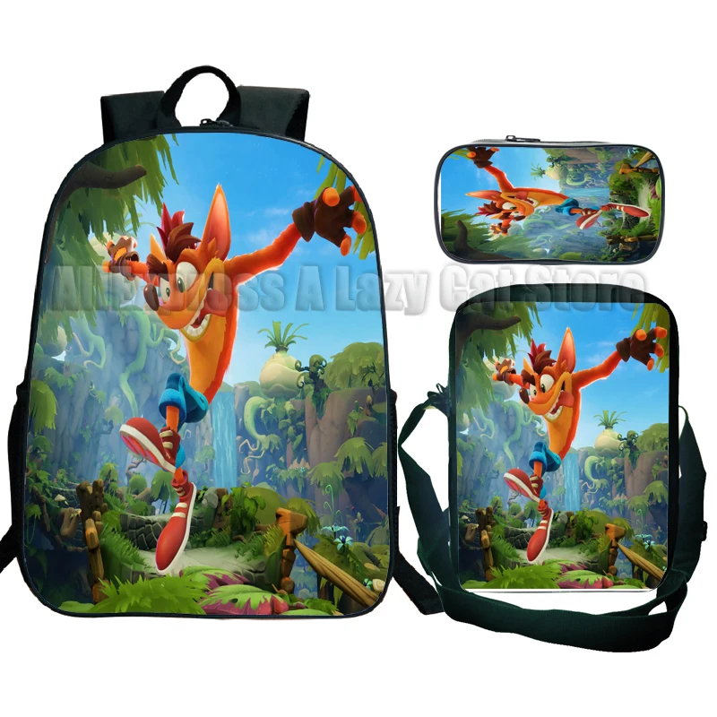 Cartable Crash Bandicoot On the Run avec sac initié, sac à dos Anime de dessin animé, élèves du primaire et du secondaire, 3 pièces