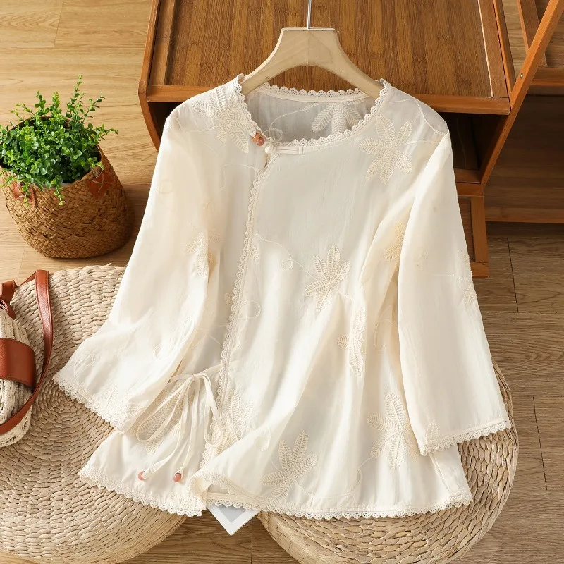 

Chinese Style Women's Blouse Embroidery Vintage Shirts Fashion Loose Summer Clothing Short Sleeve Cotton Linen Women Tops