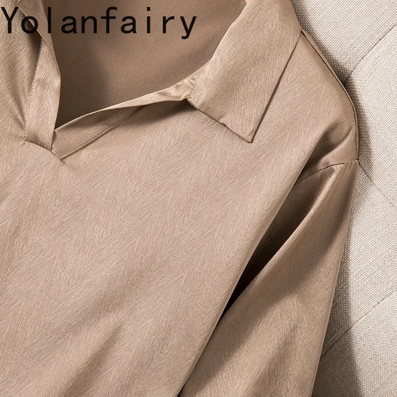 YOLANFAIRY 93% 멀 베리 실크 여름 블라우스 여성 스트레치 실크 헤링본 패턴 여성 탑 반소매 티셔츠 폴로 칼라