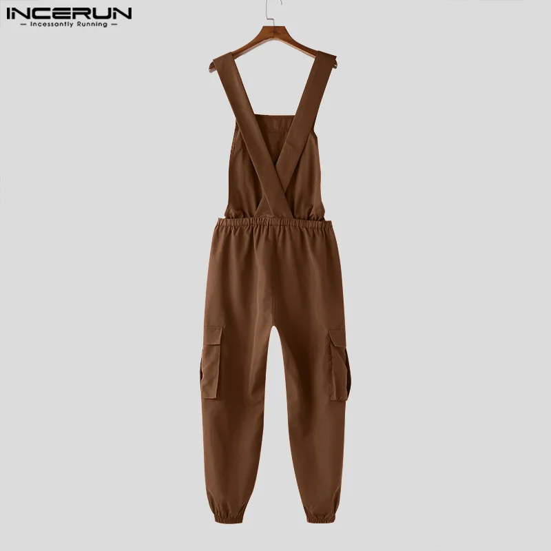 INCERUN 2024 Men Jumpsuits Solid Sleeveless Drawstring Loose Straps Rompers Streetwear Pockets Fashion Casual Cargo Overalls Men