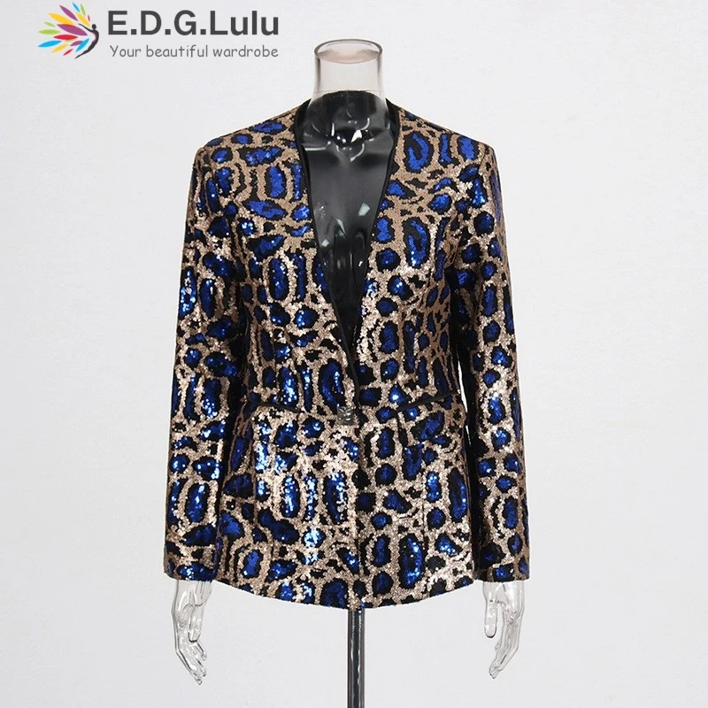 EDGLuLu 2025 Jaket Setelan Gambar Macan Tutul Payet Glitter Desain Baru Musim Semi untuk Wanita Mantel Blazer Lengan Panjang Kerah V 0222