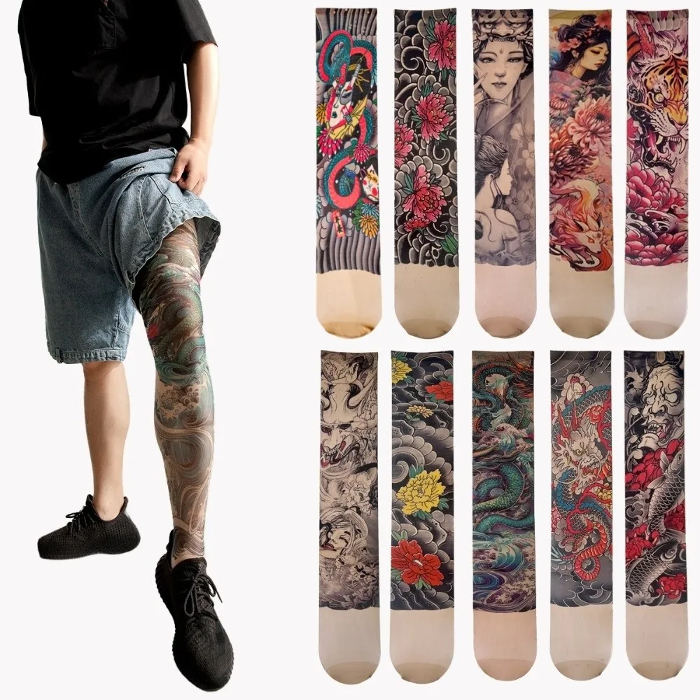 Japanese Style Full Leg Tattoo Socks Breathable Elastic Fake Tattoo Socking Seamless UV Protection Sun-proof Socks Summer