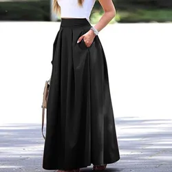 Large Size Women's Skirt Solid Colour Casual Loose Long Maxi Skirt Fashion Versatile High Waist Pleated Skirt With Pockets