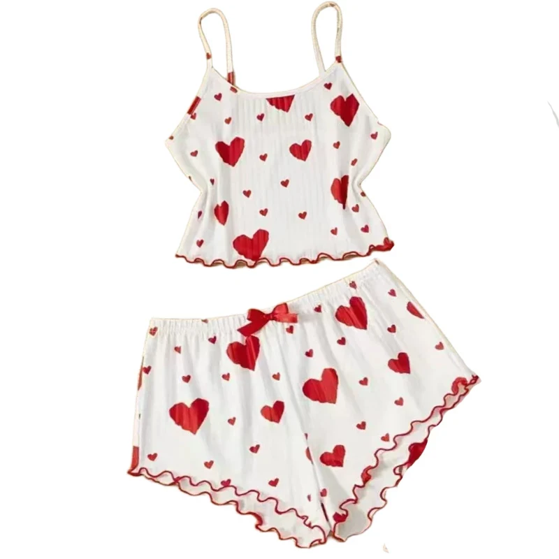 

Heart Print Pajama Set Sleeveless Crop Top And Shorts Soft Comfy Sleepwear Loungewear For Summer Nightwear