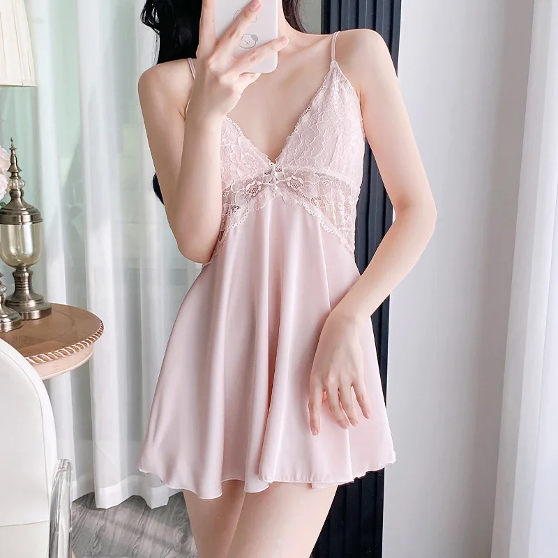 

Summer Lace Nightgown Women Chemise Sleepwear Morning Gown Sexy Strap Nightdress Female Silky Satin Home Dress Loungewear