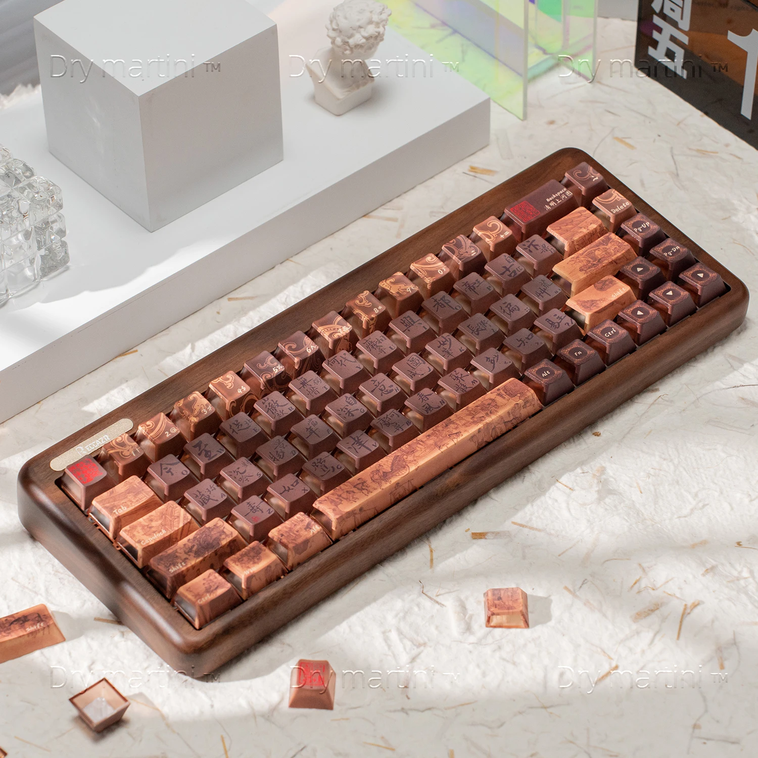 

Ретро колпачок для клавиш коричневого цвета в древнем китайском стиле Цинмин Шанхэ Ту тема 3-сторонние полупрозрачные колпачки для клавиатуры из ПК Pbt Cherry