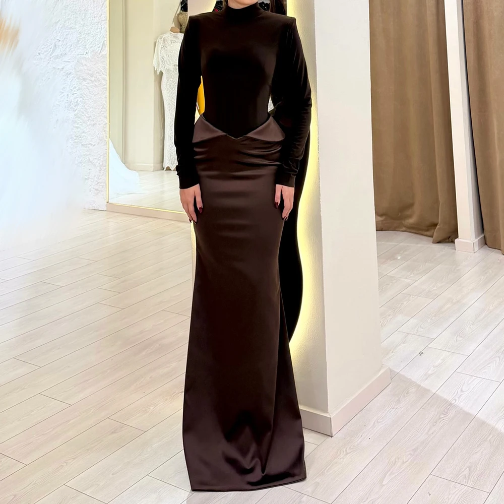 

Customized A-line Evening Dresses Floor-length High-neck Full Sleeve Prom Gown Simple Fashion Draped Causal Party Dresses
