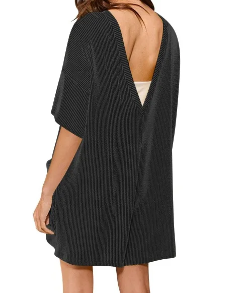 المرأة الجديدة فضفاضة جيب الظهر الخامس الرقبة السراويل بذلة #6