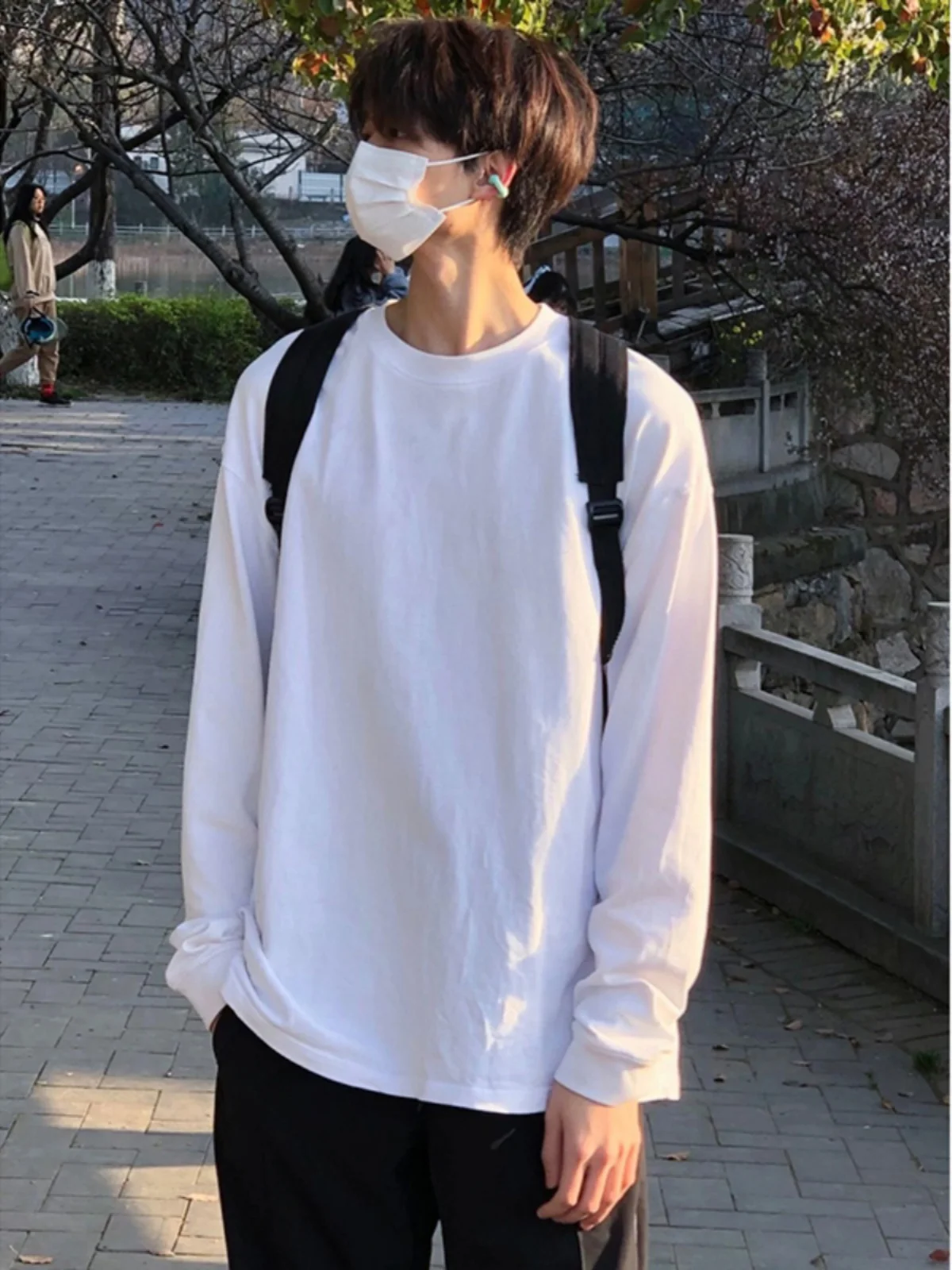 

White Pure Cotton Long Sve T-irt Men's round Ne Sweatirt Heavyweight Base Layer Casual Summer Faion Couple's Wear
