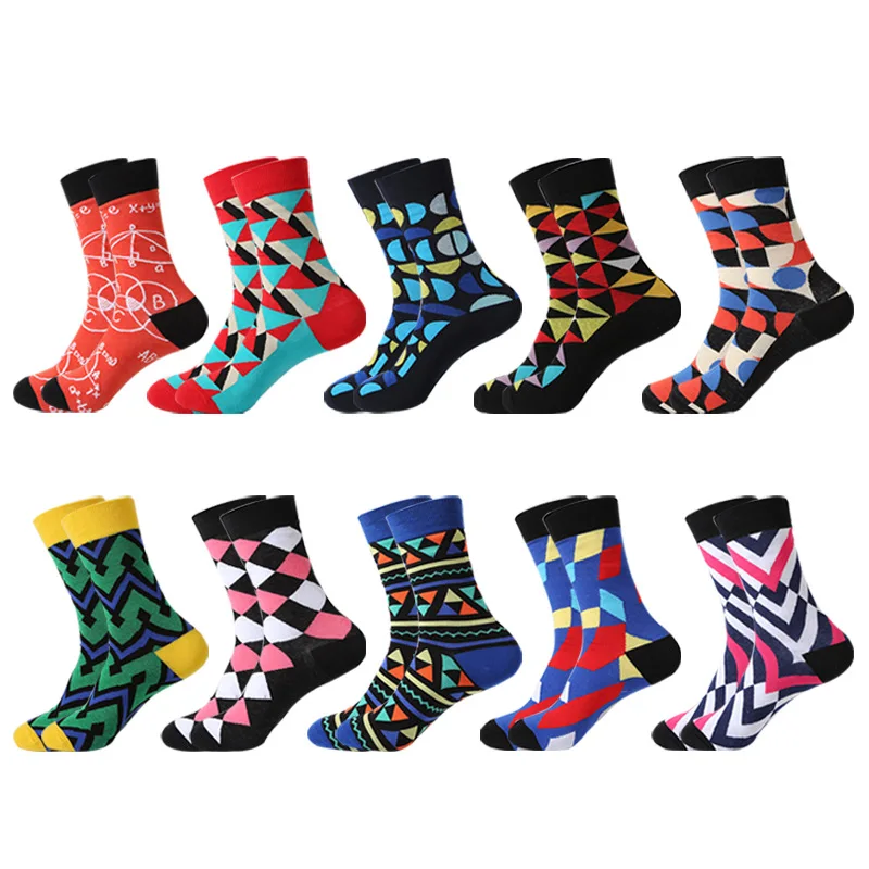 49 Patterns Fashion Business Men 100% Cotton Happy Lattice Socks Unisex Boys Combed Hip Hop Street Skateboard Funny High Sox Set