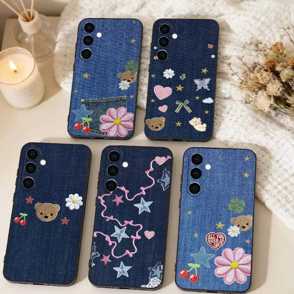 Denim Embroidery Coquette Y2K  Phone Case For Samsung Galaxy A73,A72,A71,A70,A53,A52,A51,Others Soft Black Cover