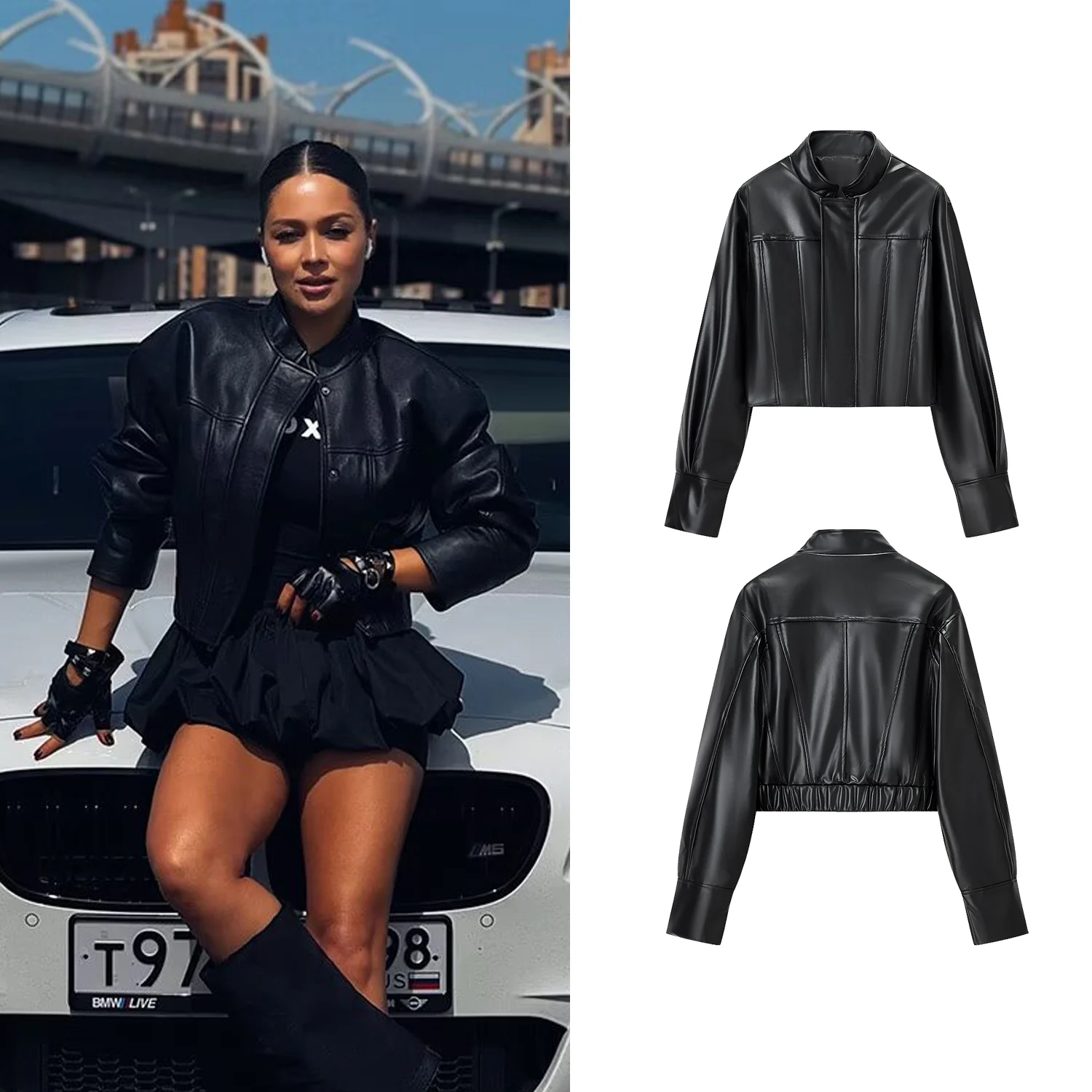 المرأة السوداء قصيرة فو سترة جلدية معطف الإناث بولي Pu المجهزة سستة الستر ربيع الخريف معطف نحيف سيدة جاكيتات الشارع الشهير