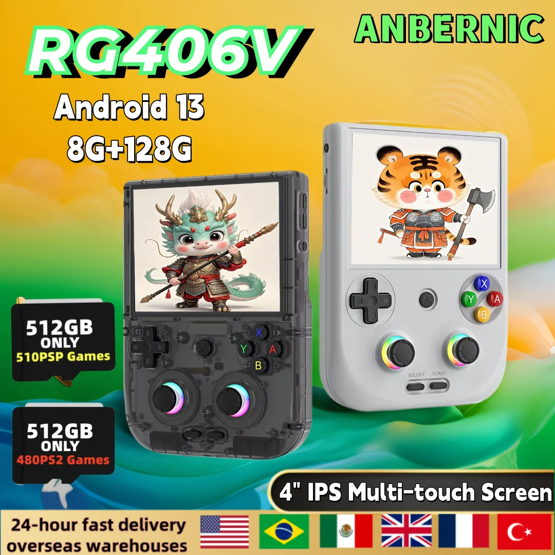 ANBERNIC RG 406V Retro Video Handheld Game Console 4" IPS Multi-touch Screen Android13 RG406V 8G+128G RGB Lighting PSP PS2 Gift