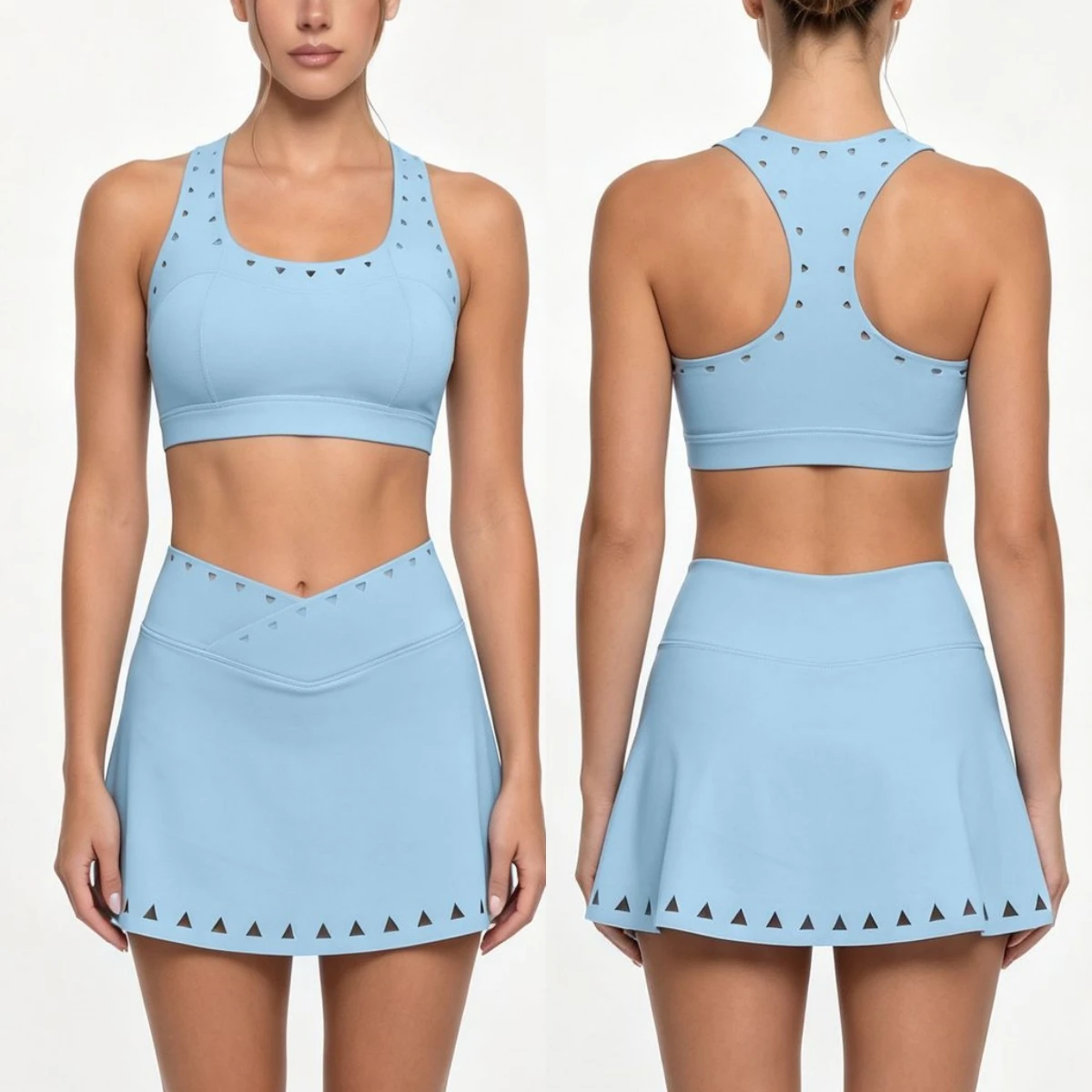 Women 2 Piece Tennis Outfit Laser Triangle Cutout Sports Bra High Waist Hollow Cutout Tennis Skirt Quick Dry Golf Workout Set