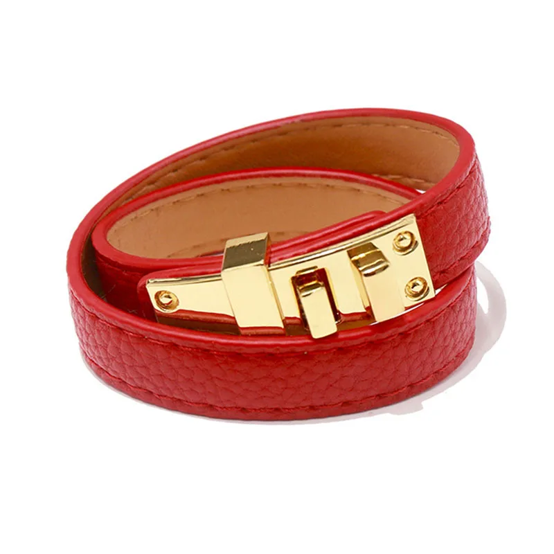 Kirykle High Quality Luxury Leather Bangles for Women Easy Buckle Multicolour Wide Leather Bracelet Daily Commuter Accessories