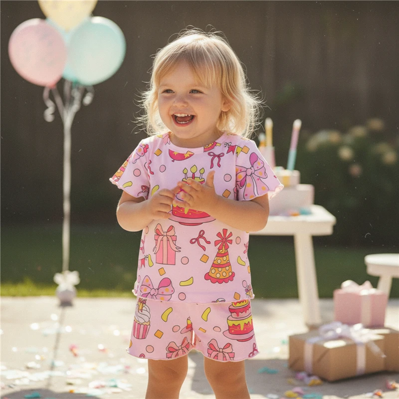 2026 Summer Fashion Toddler Baby Girls Clothing Set Cute Birthday Cake Printed Short Sleeve Tops with Shorts 2Pcs Outfit