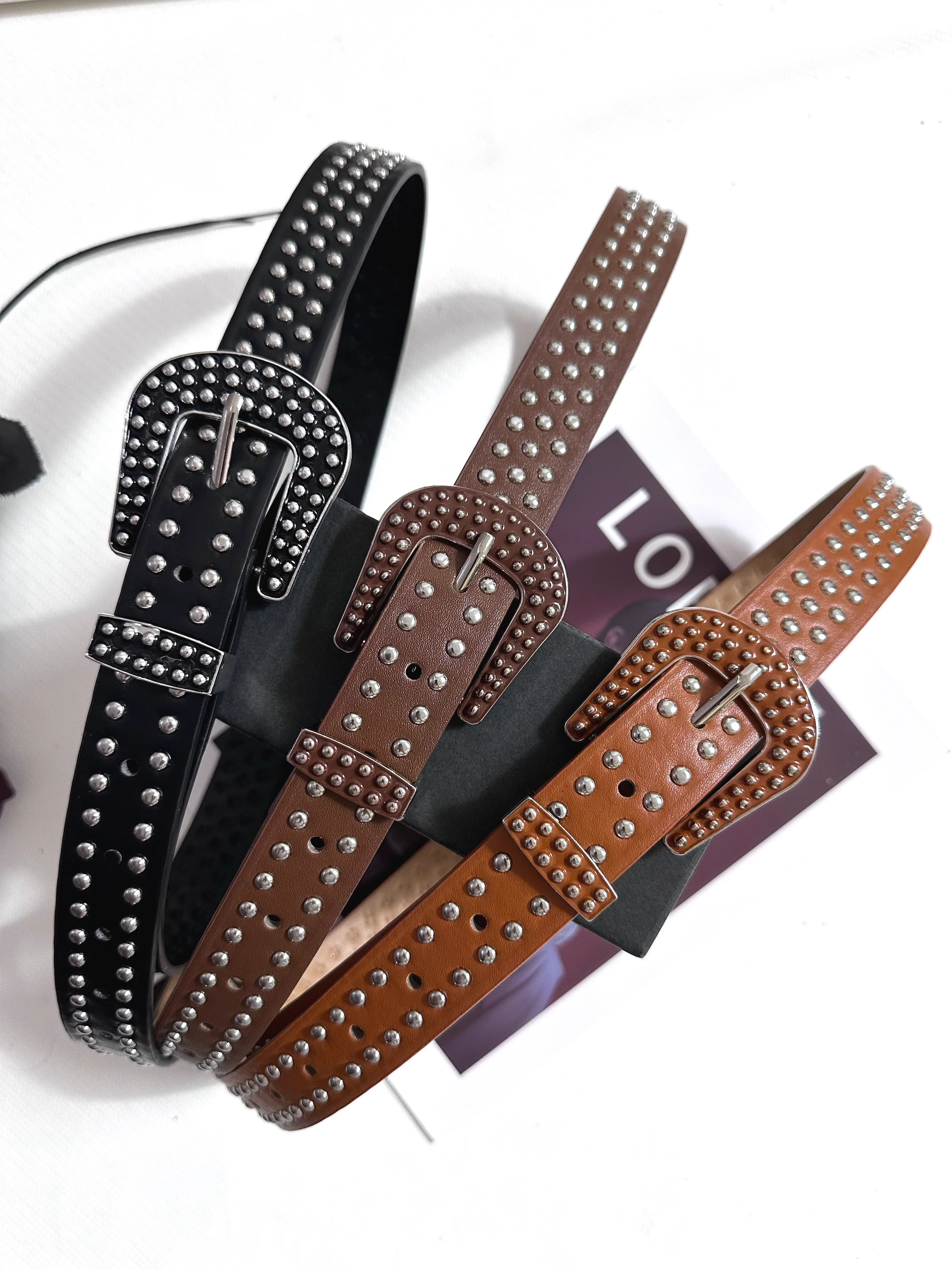 

Women's Vintage PU Leather Rivet Punk Corset Female Cummerbund Coat Waistband Dress Decration Narrow Belt J1463