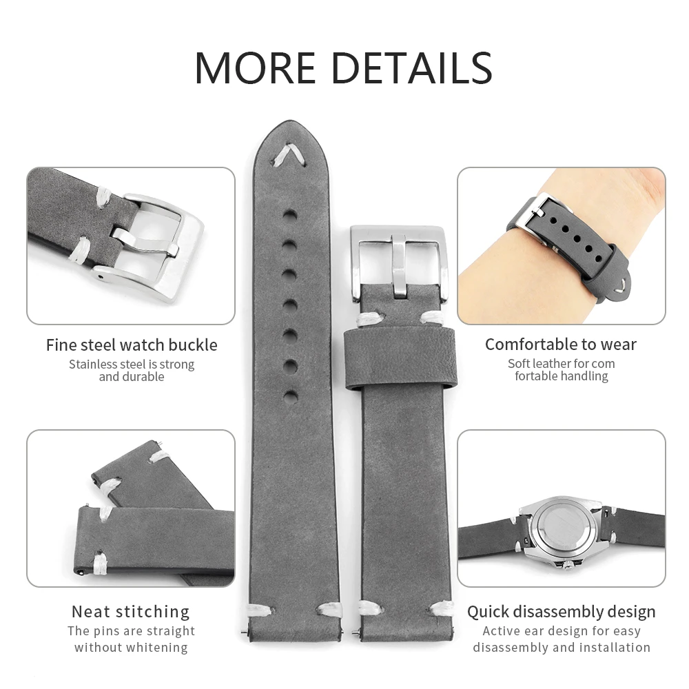 Retro Handmade 20mm 22mm Quick Release Watch Band Sude Leather Watch Strap Gray Brown Blue Replacement Watch Accessories for Men