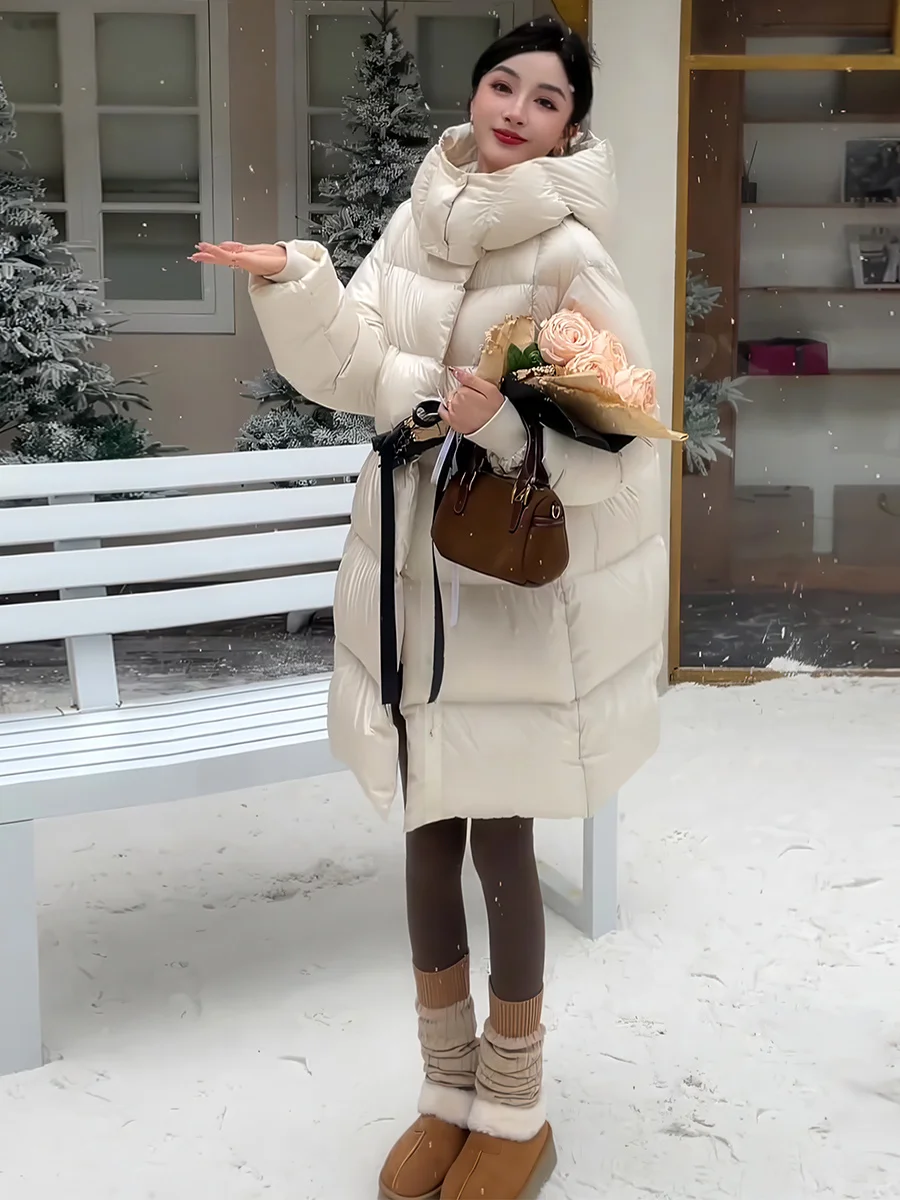 

Женское пуховое пальто средней длины с капюшоном, белое, с наполнителем из перьев, теплое, для повседневной носки, прямого кроя, удлиненное