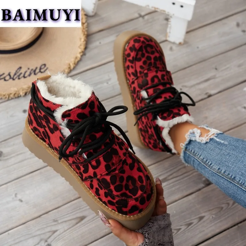 Leopard Women Platform Flats Snow Ankle Boots Suede Warm Shoes Winter 2025 New Short Plush Chelsea Boots Casual Sport Booties