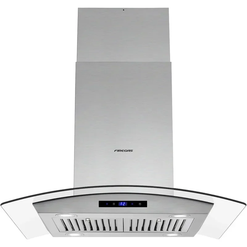 FIREGAS Island Range Hood 30 inch 450 CFM with Chimney, Ceiling Mount Kitchen Vent Hood with Tempered Glass, 4 LED Lights