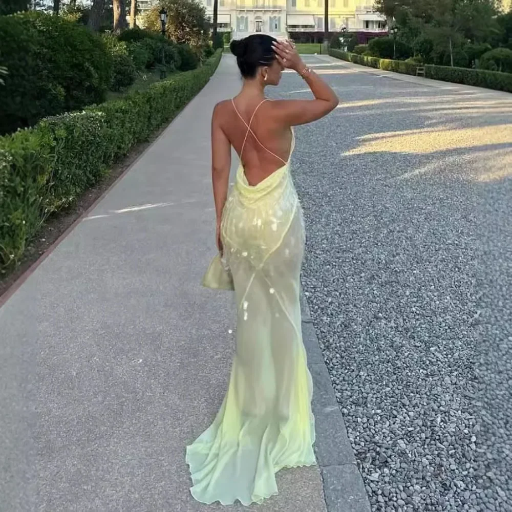 Robe de plage Maxi à paillettes jaunes pour femmes, Sexy, dos nu, Slim, queue de poisson, maille, Patchwork, robe de vacances transparente, été, 2024