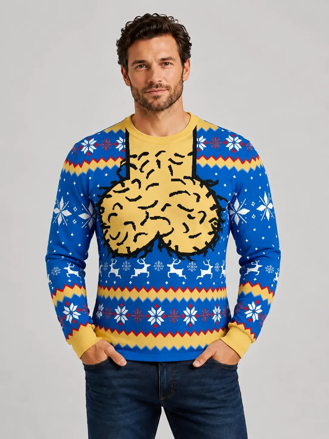 Funny Christmas Fake Sweater Print Long Sleeve T‑Shirt, Novelty Humor Graphic Tee, Family Matching Unisex Holiday Party Top
