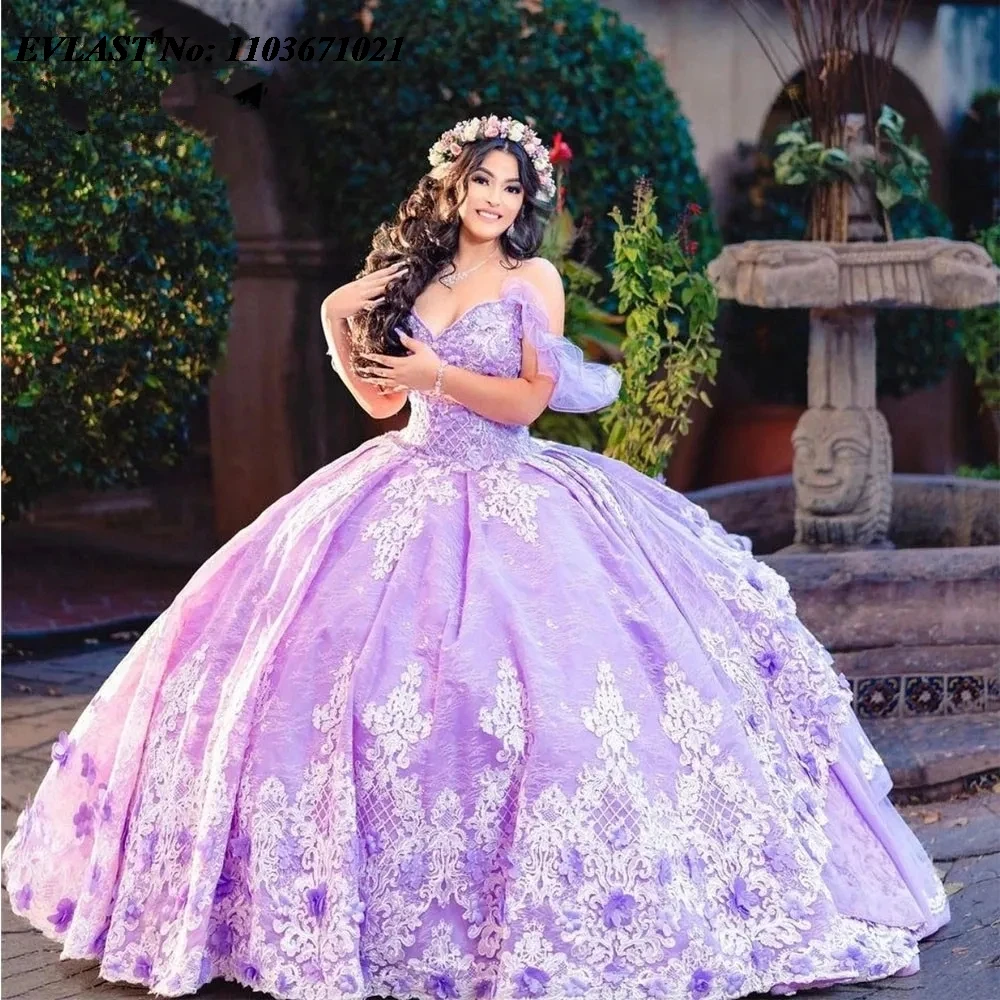 EVLAST Customized Lavender Quinceanera Dress Ball Gown Lace Applique Beaded Ruffles Mexican Sweet 16 Vestidos De 15 Anos SQ522