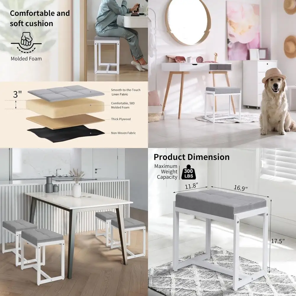 

Modern Linen Square Vanity Stool with Padded Seat, Grey & White, Ideal for Makeup Rooms and Living Spaces