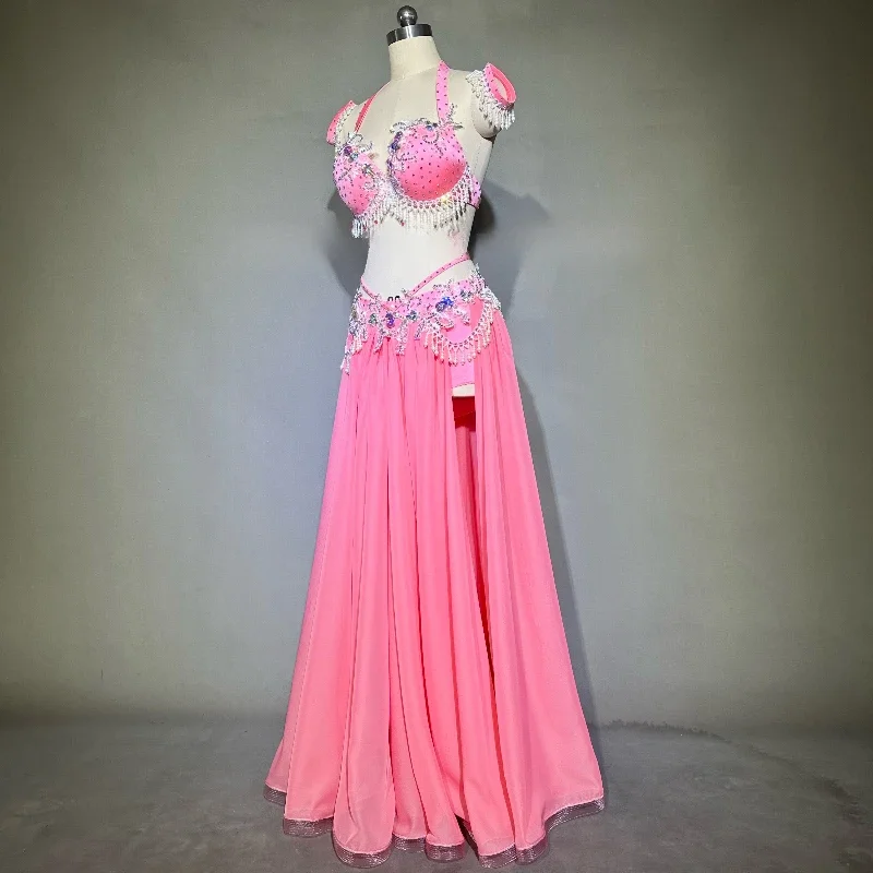 Buikdans Prestaties Kleding Set voor Vrouwen Buikdans Pak Handgemaakte Bh + chiffon Rok + riem High-End Aangepaste Danskleding Kleden