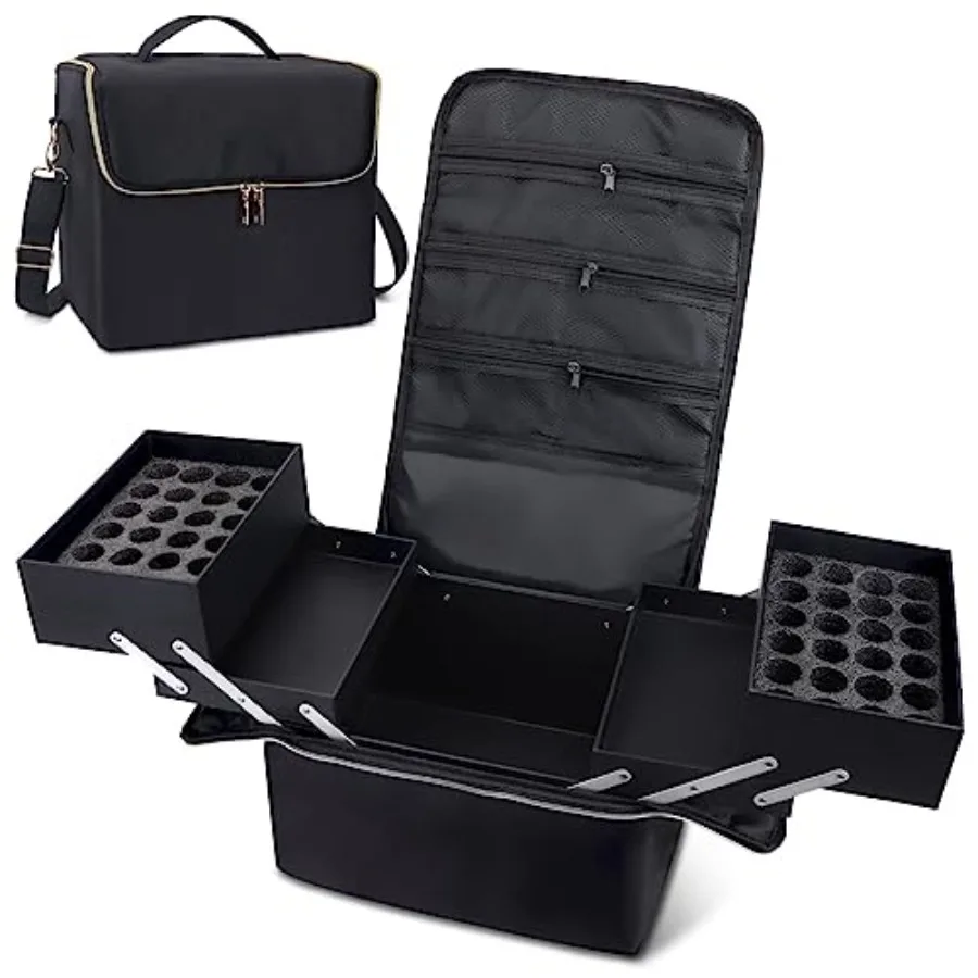 

Large Makeup Travel Train Case Upgraded Plus Size Nail Supply Organizers and Storage for Nail Tech Black 4 Tier Cosmet