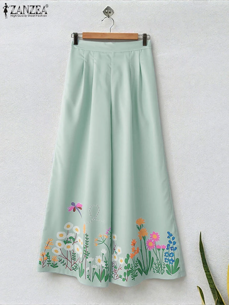 ZANZEA Retro elastische taille pantalons dames zomer wijde pijpen broek 2025, mode casual bedrukte lange broek zakken elegante broek