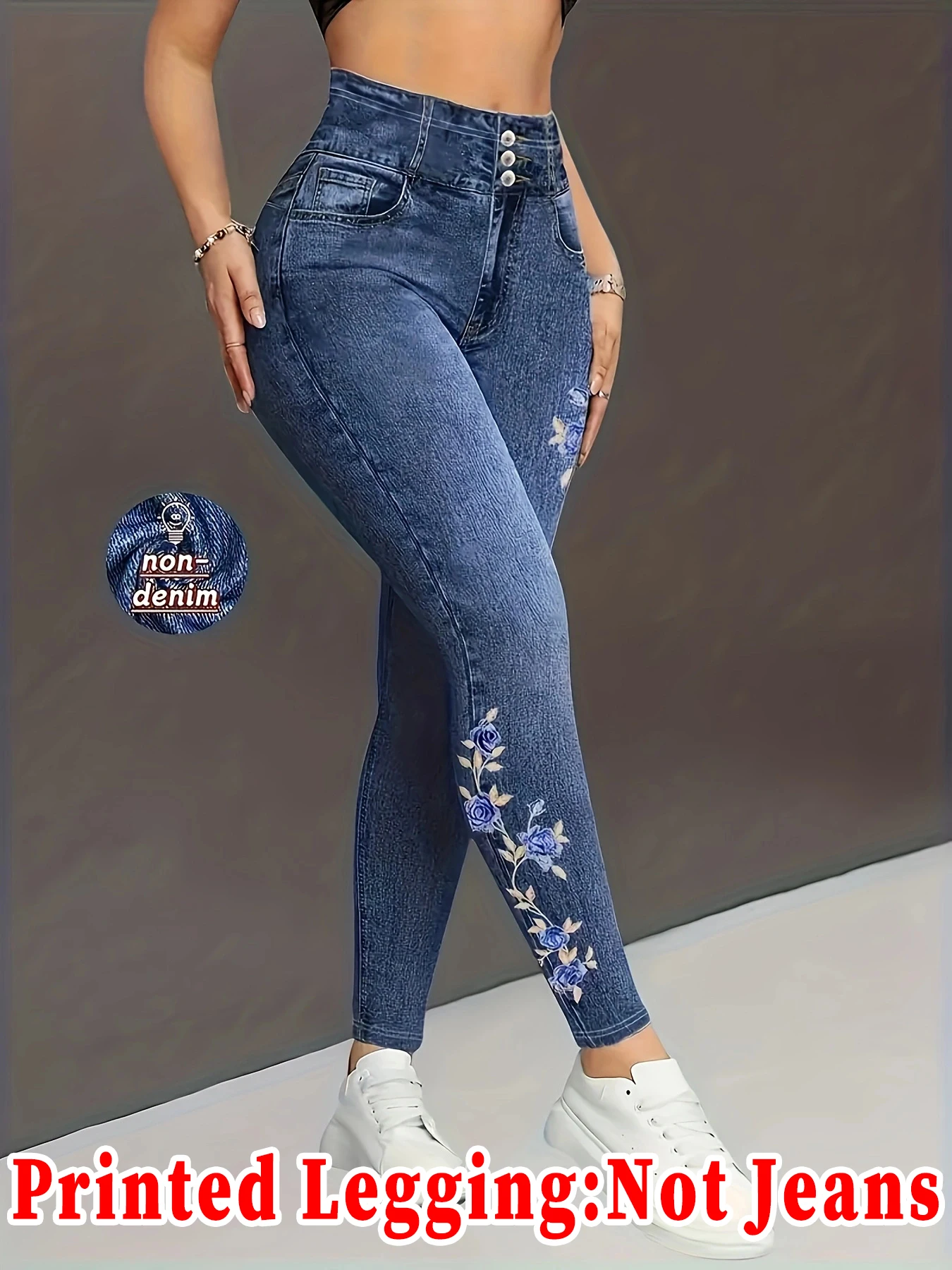 Damen-Leggings aus Kunstdenim mit Rosen-Blumenmuster, hohe Taille, 3 Knöpfe, dehnbar, eng anliegend, lässige Slim-Fit-Hose, keine echten Jeans – Detail 2