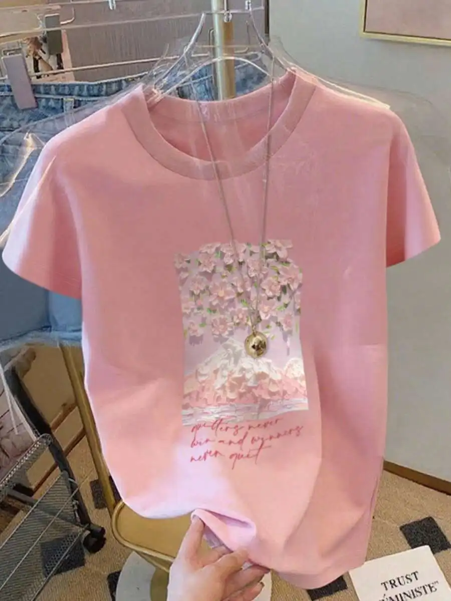 

Pink Women's Short Sleeve T-Shirt with Floral Print and Inspirational Quote
