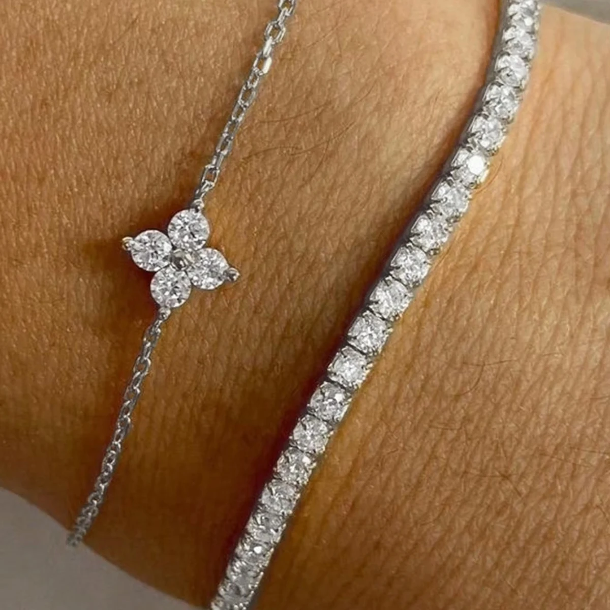 2pcs Simple Cubic Zirconia Flower Water Chain Women's Bracelet Set Daily Minimalist Silver Color Bracelet Party Fashion Jewelry image 2