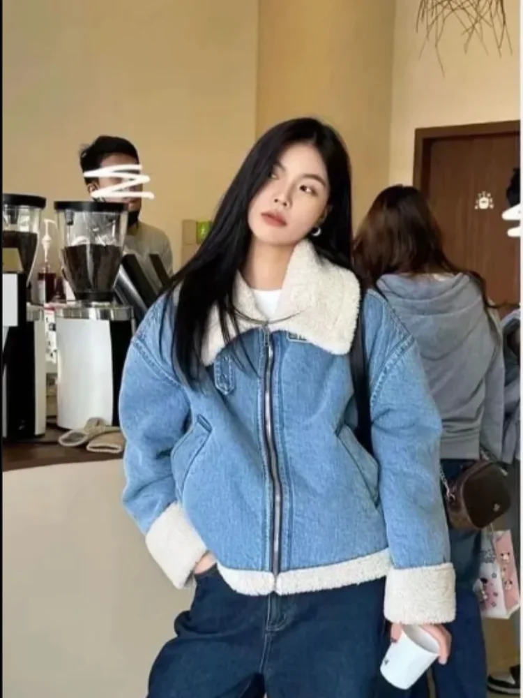 سترة نسائية بنمط راكبي الدراجات من القطن مع ياقة مخملية، معطف شامل مبطن بالفرو، أكمام طويلة، إغلاق بسحاب، لون موحد، ملابس خارجية