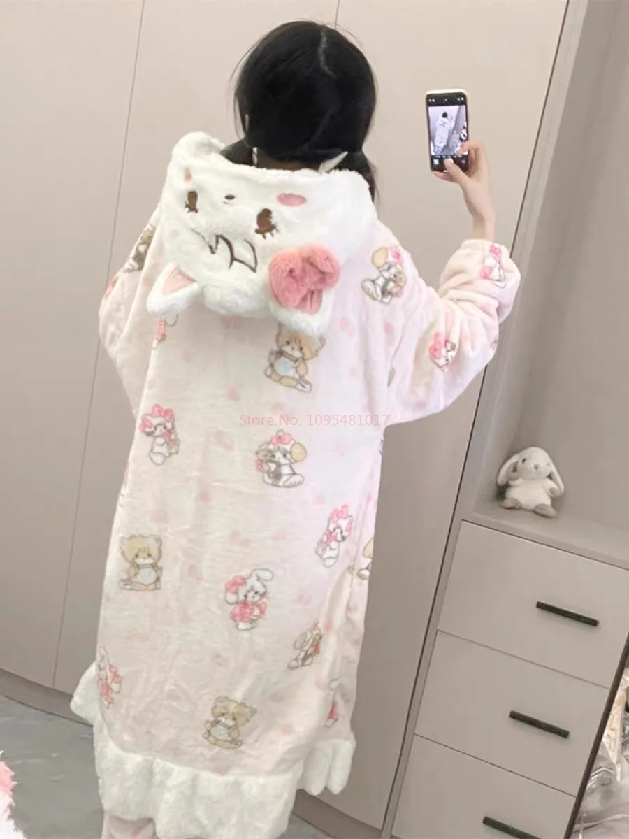 Mikko Cartoon-Flanell-Nachthemd mit Kapuze für Damen, Winter-Thermo-Nachtwäsche-Set, niedliche Homewear, Loungewear, gemütliches Pyjama-Outfit