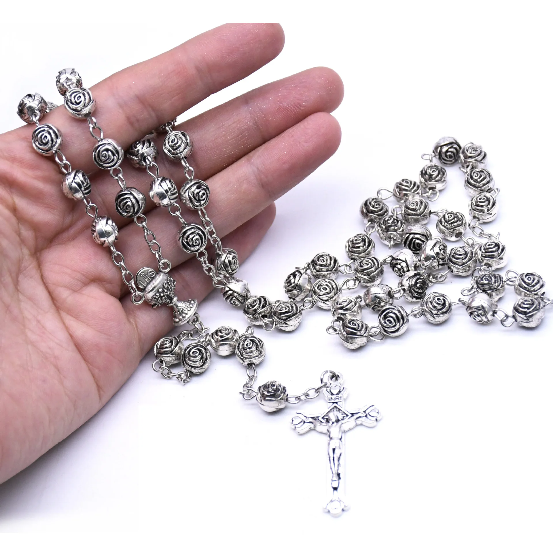 8mm Metal Silver Plated Retro Rosary Cross Pendant Rosary Necklaces Men Women Eeligious Belief Prayer Jewelry Accessory Gifts